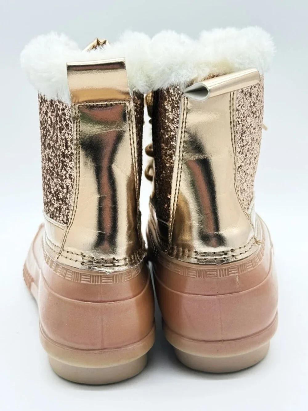 Women's Rose Gold Glitter Duck Boots Coquette Y2K Snowcore Fur Sz 8 3963